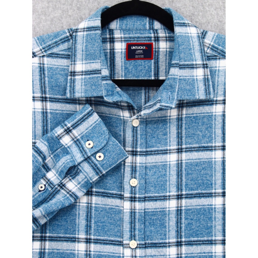 UNTUCKit Salentino Flannel Shirt Mens Large Blue Plaid Regular Fit 41706 Cotton